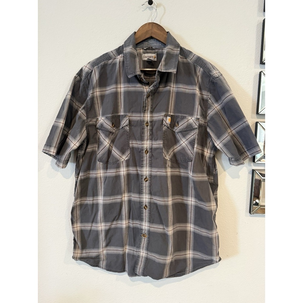 Carhartt Men's XL Relaxed Fit Plaid Short Sleeve Button Up Work Shirt Gray